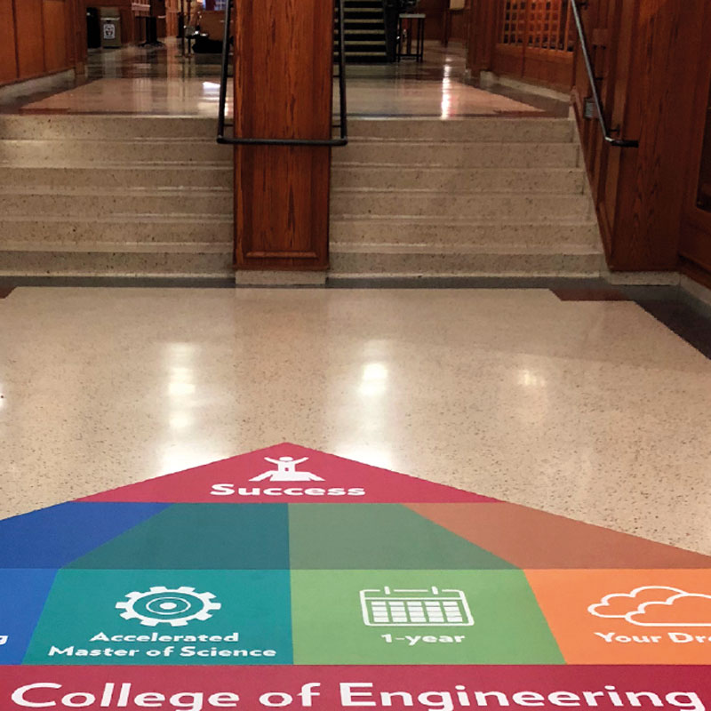 Floor graphics impresión con tintas ecosolventes sobre vinilo blanco,   laminado   con   vinilo   floor   graphic instalado al interior de escuela.